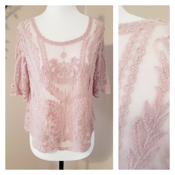 lu nyc Tops - BEAUTIFUL EMBROIDERED SEMI-SHEER TOP Boho Blush